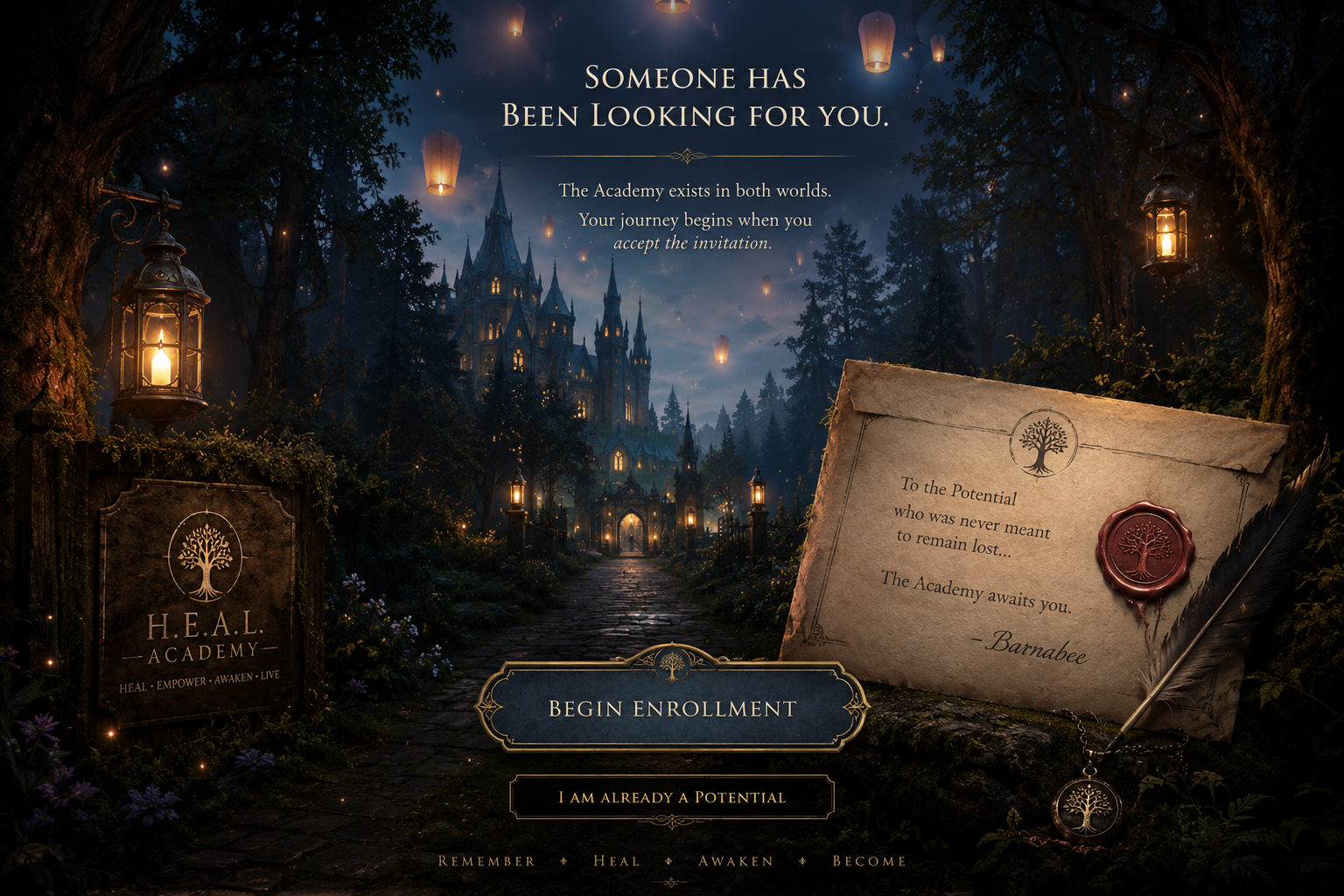A lantern-lit forest path leading toward H.E.A.L. Academy and Barnabee's invitation.